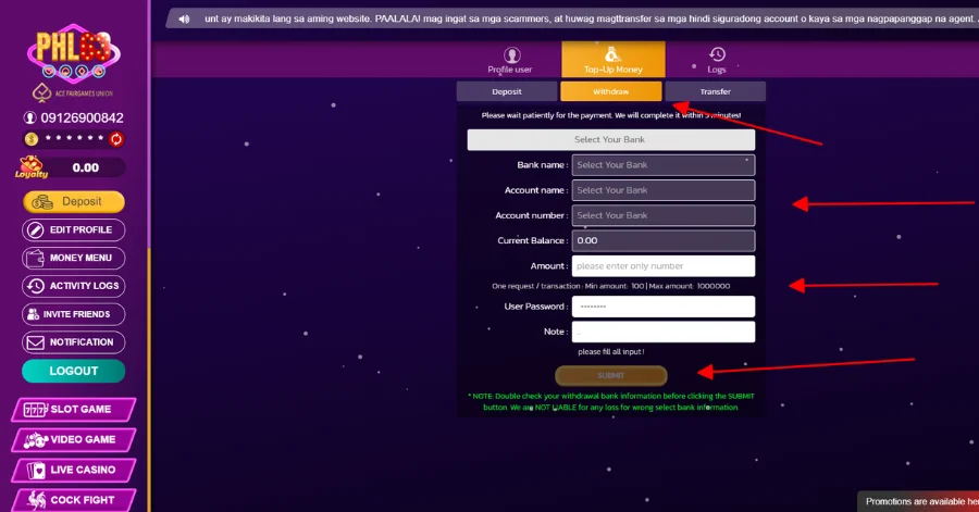 Choose Withdraw and add bank account to withdraw