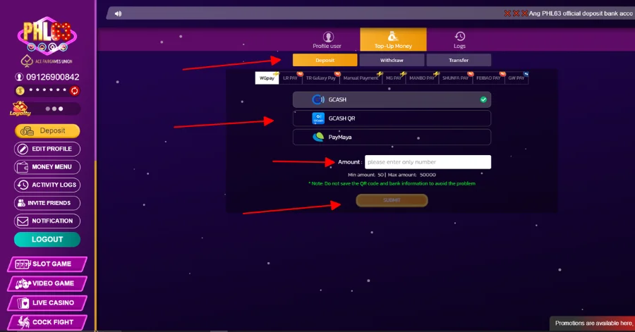 Choose payment method and enter amount of money to deposit